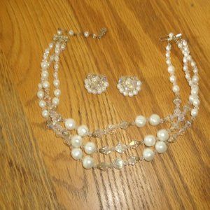 Necklace clip earrings set pearls aurora borealis beads triple strands gold tone